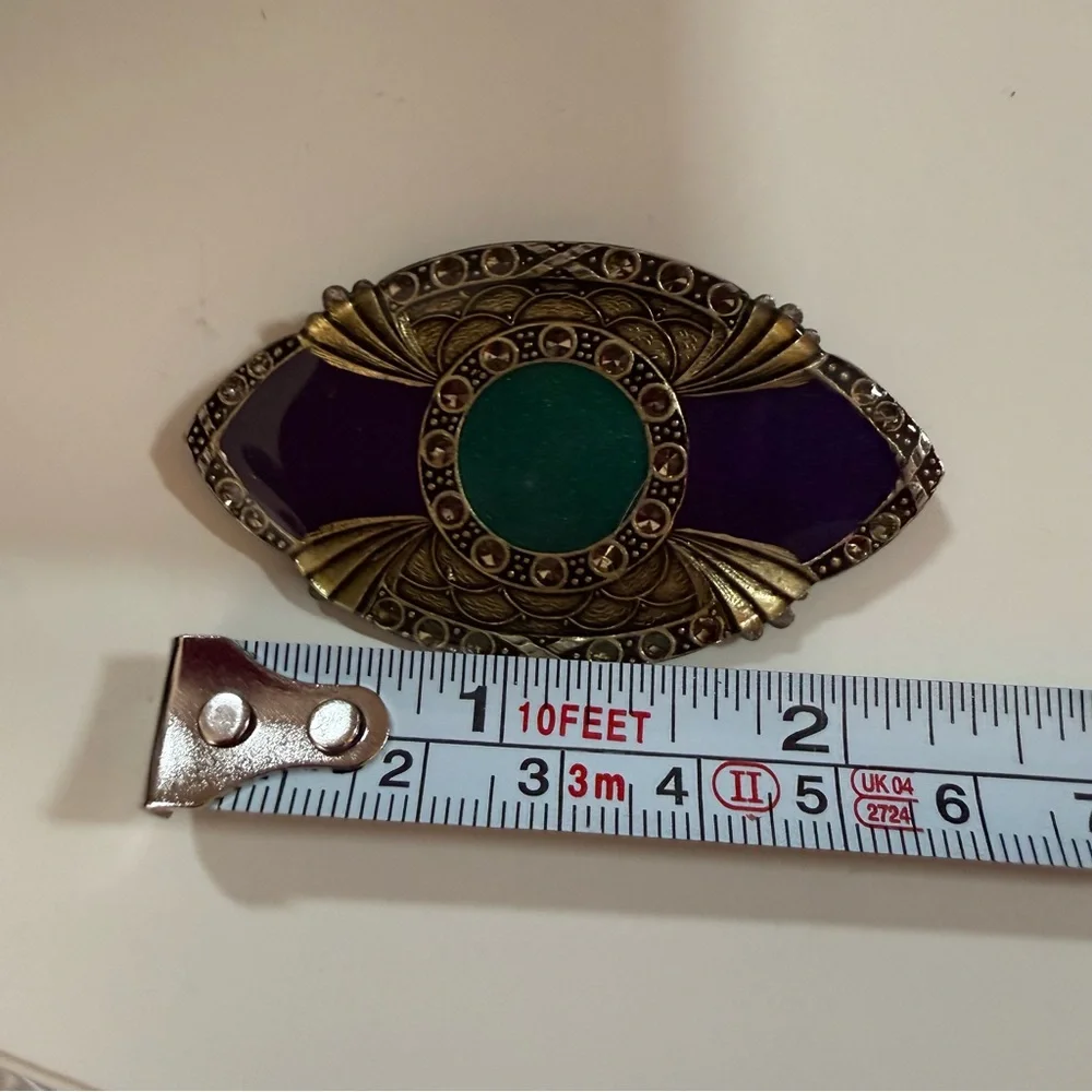 Catherine Popesco France Art deco brass purple green enameled Brooch
